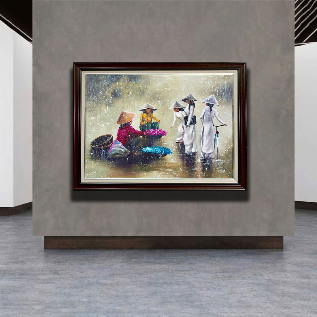 Tranh sơn dầu Phiên Chợ Sớm Trong Mưa THH51